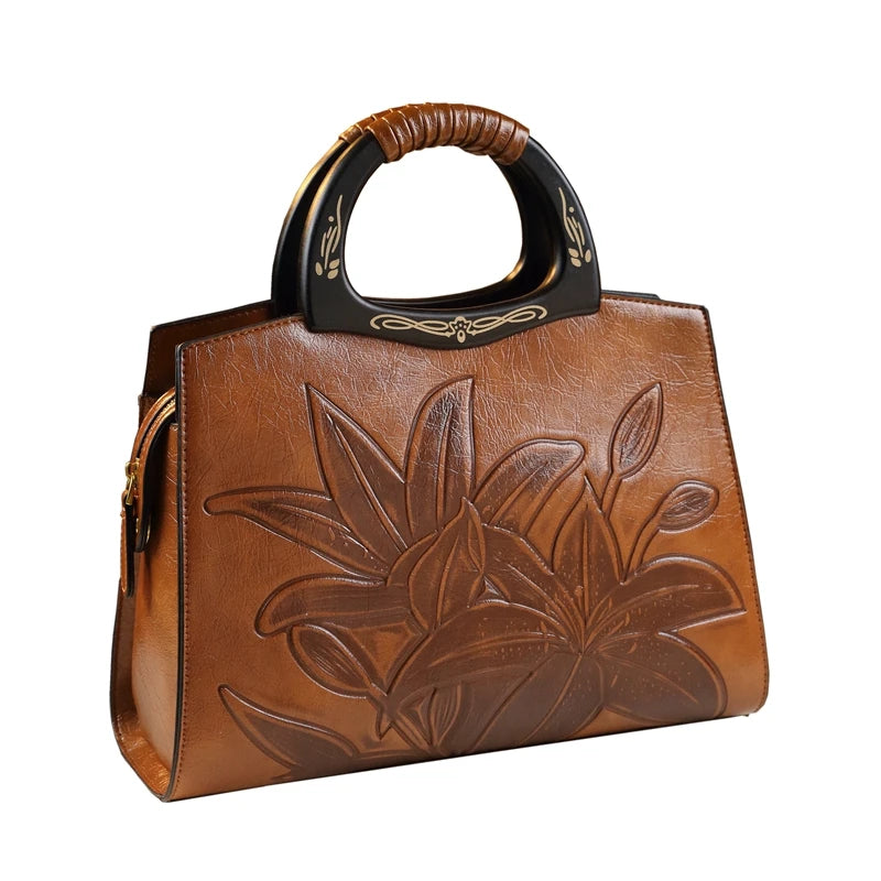 Embossed Peony Vintage Genuine Leather Tote