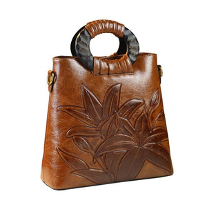 Embossed Daylily Vintage Leather Tote