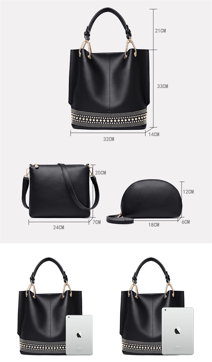 3 Piece Rivet Design Luxury Crossbody Tote