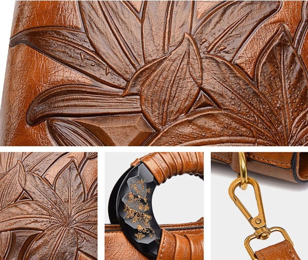 Embossed Daylily Vintage Leather Tote