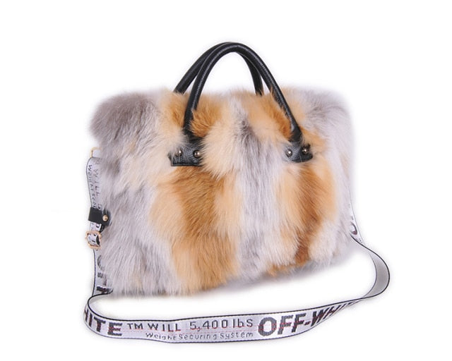Natural Fox Fur and Leather Satchel