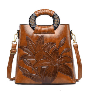 Embossed Daylily Vintage Leather Tote